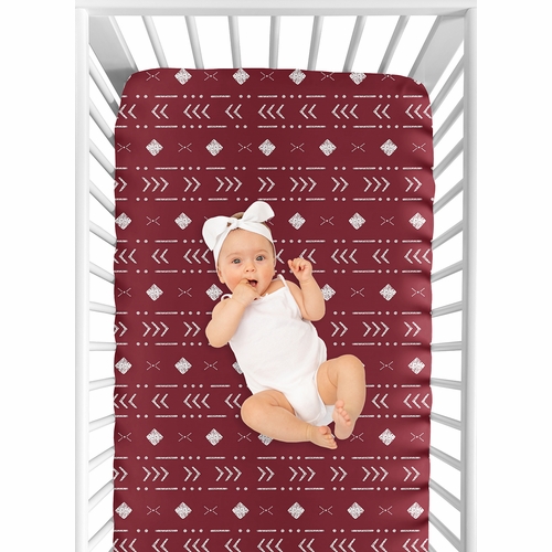 Boho Tribal Burgundy Red and White Crib Sheet - alt image 3
