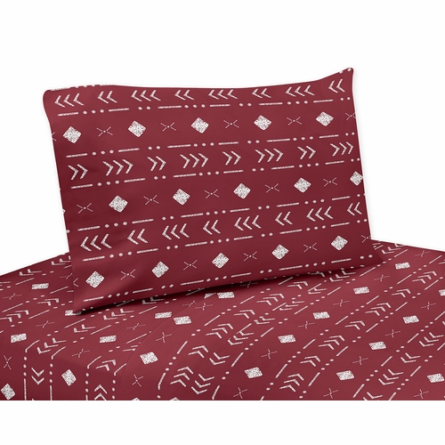 Boho Tribal Burgundy Red and White Twin Sheet Set