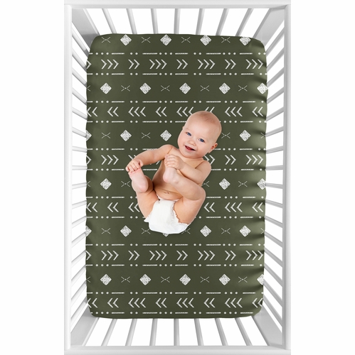 Boho Tribal Green and White Mini Crib Sheet - alt image 2