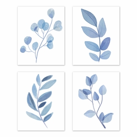 Botanical Blue Collection Wall Art Prints - Set of 4 - Single Flower
