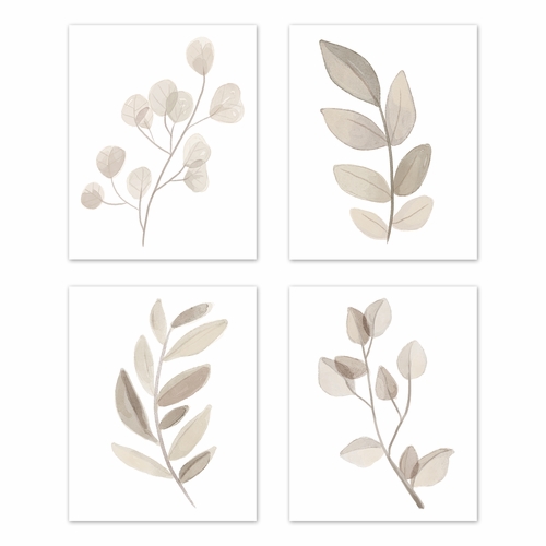 Botanical Leaf Linen Collection Wall Art Prints - Set of 4 - Single Flower