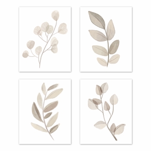 Botanical Leaf Linen Collection Wall Art Prints - Set of 4 - Single Flower