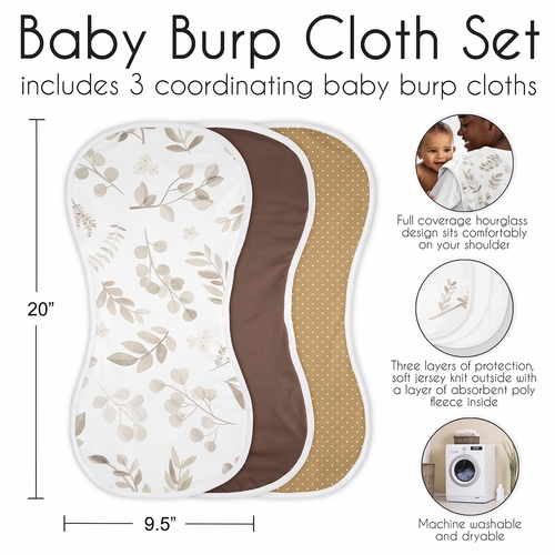 Botanical Taupe Collection Absorbent Burp Cloths - 3 Pack Set - alt image 5