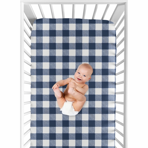 Buffalo Check Navy Blue and White Crib Sheet - alt image 3