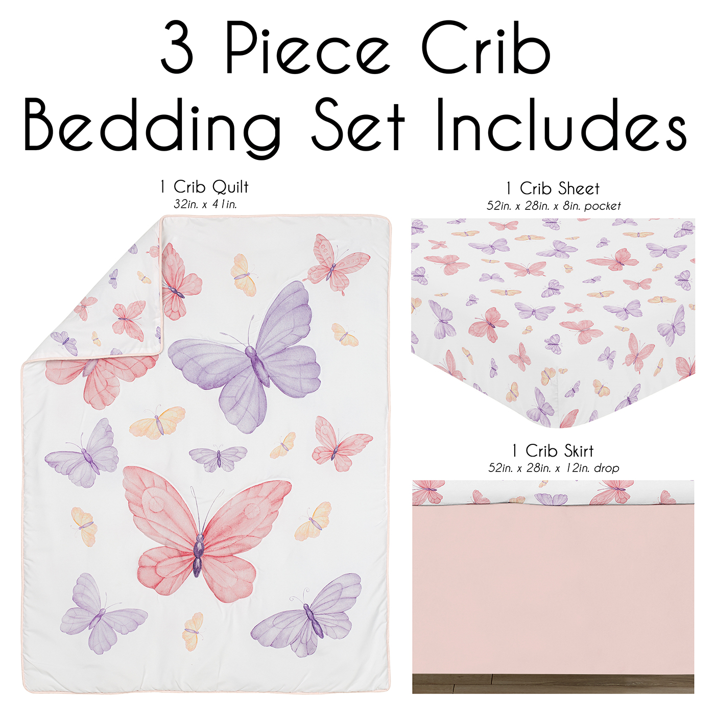 Butterfly Blush Pink and Purple Collection 3 Piece Crib Bedding