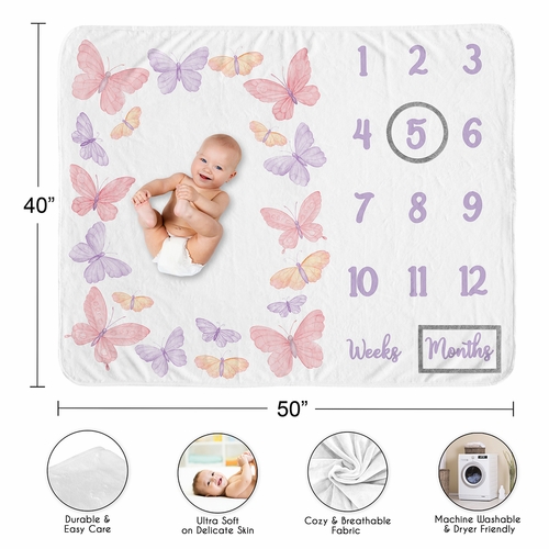 Butterfly Blush Pink and Purple Collection Monthly Milestone Baby Blanket - alt image 3