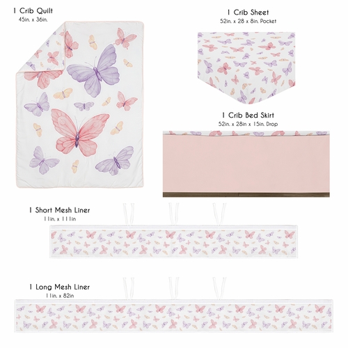Butterfly Blush Pink and Purple Collection Sweet Jojo Designs 5 Piece Crib Bedding + BreathableBaby Breathable Mesh Liner Pad - alt image 1