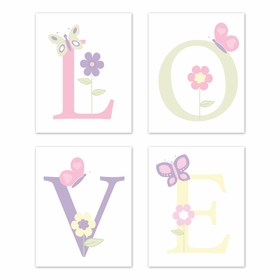 Butterfly Pink and Purple Wall Art Prints - Set of 4 - Love