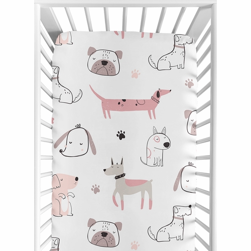 Cartoon Puppy Dog White and Pink Collection Crib Sheet