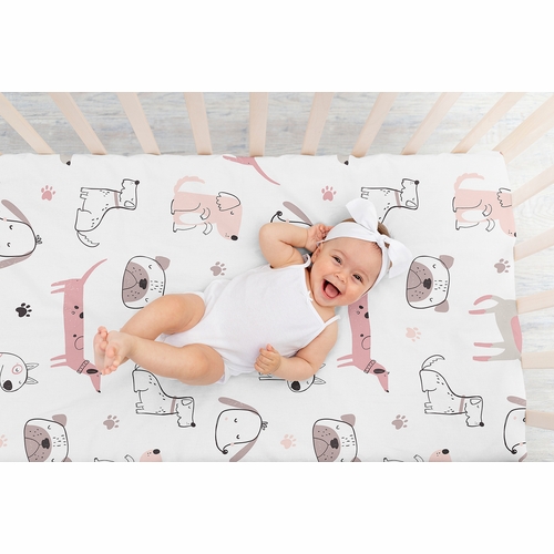 Cartoon Puppy Dog White and Pink Collection Crib Sheet - alt image 5