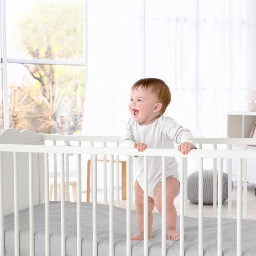 Celestial Navy Blue and Gold Collection Crib Sheet - Solid Grey - alt image 1