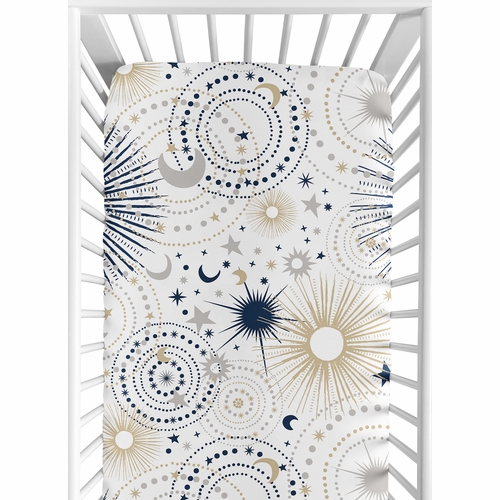 Celestial Navy Blue and Gold Collection Crib Sheet - Stars and Moon Print