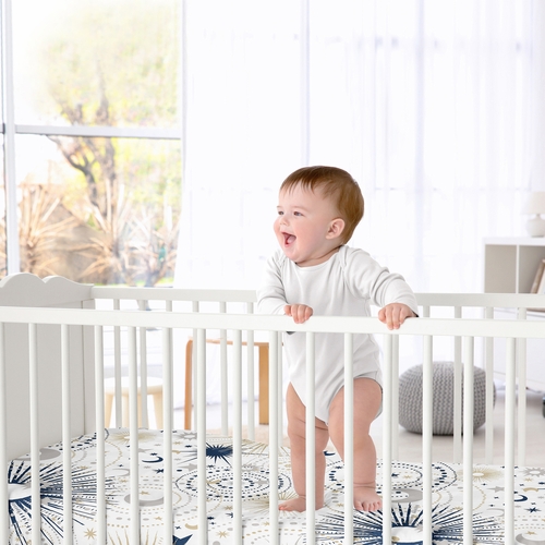 Celestial Navy Blue and Gold Collection Crib Sheet - Stars and Moon Print - alt image 1