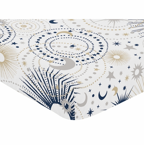 Celestial Navy Blue and Gold Collection Crib Sheet - Stars and Moon Print - alt image 2