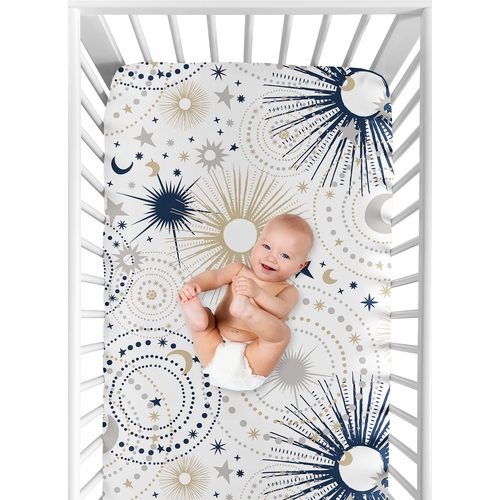 Celestial Navy Blue and Gold Collection Crib Sheet - Stars and Moon Print - alt image 3