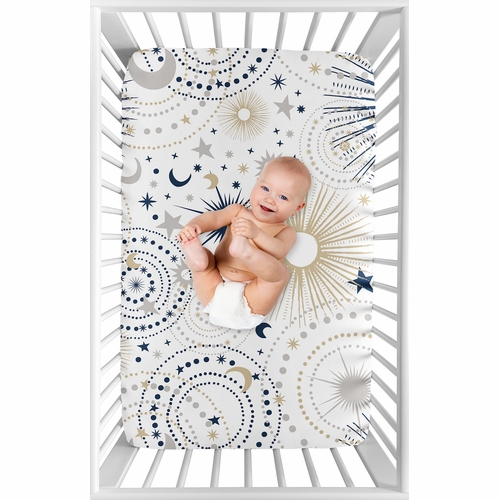 Celestial Navy Blue and Gold Collection Mini Crib Sheet - alt image 2