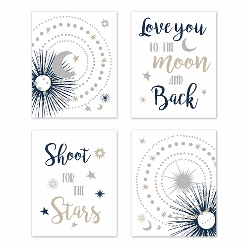 Celestial Navy Blue and Gold Collection Wall Art Prints - Set of 4