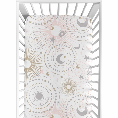 Celestial Pink and Gold Collection Crib Sheet - Stars & Moons Print
