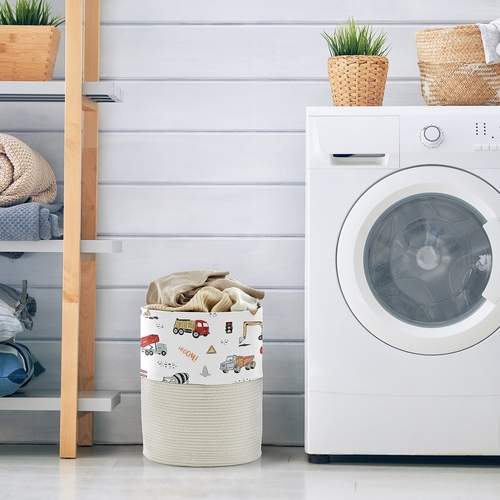 Construction Truck Collection Woven Laundry Rope Basket Hamper with Liner - alt image 1