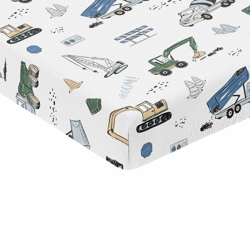 Construction Truck Green and Blue Collection 100% Cotton Muslin Crib Sheet