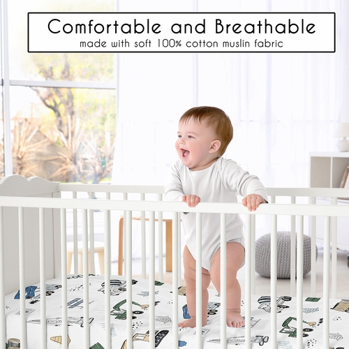 Construction Truck Green and Blue Collection 100% Cotton Muslin Crib Sheet - alt image 1