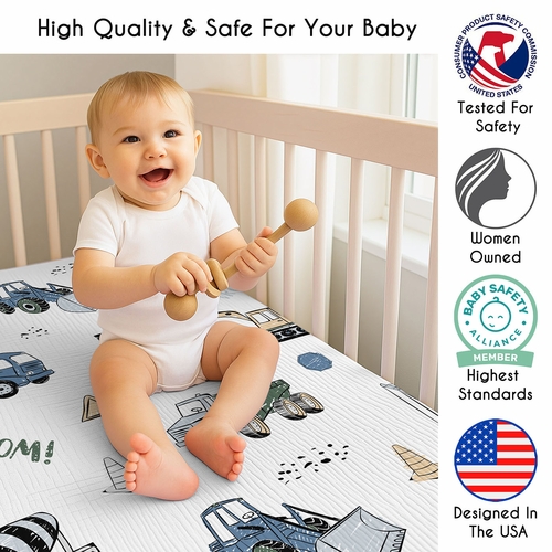 Construction Truck Green and Blue Collection 100% Cotton Muslin Crib Sheet - alt image 2