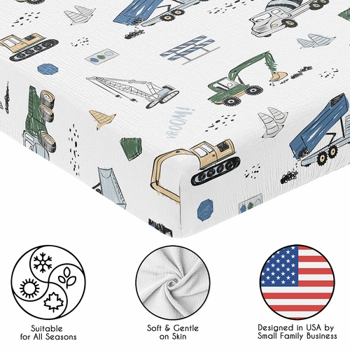 Construction Truck Green and Blue Collection 100% Cotton Muslin Crib Sheet - alt image 4