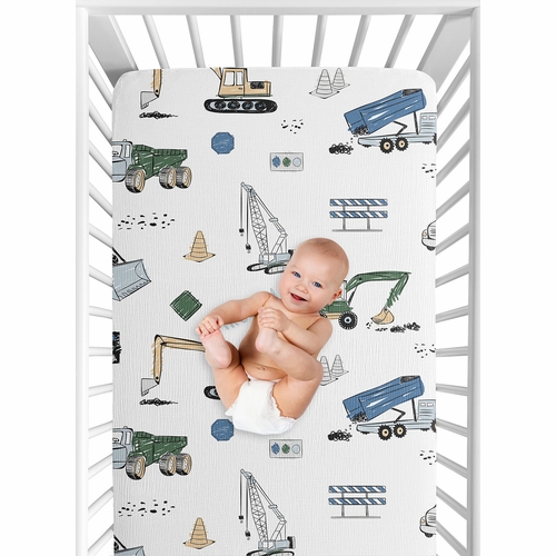 Construction Truck Green and Blue Collection 100% Cotton Muslin Crib Sheet - alt image 5