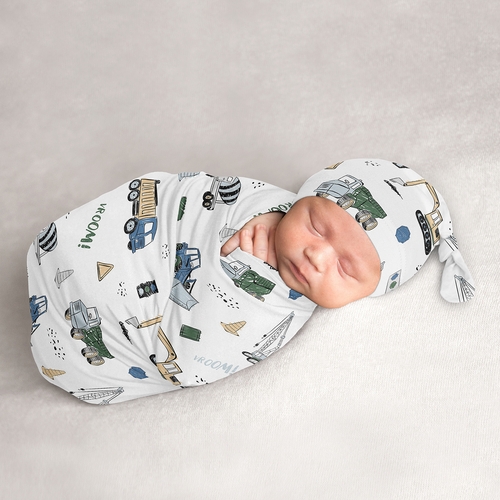 Construction Truck Green and Blue Collection Baby Cocoon and Beanie Hat - 2 Piece Set