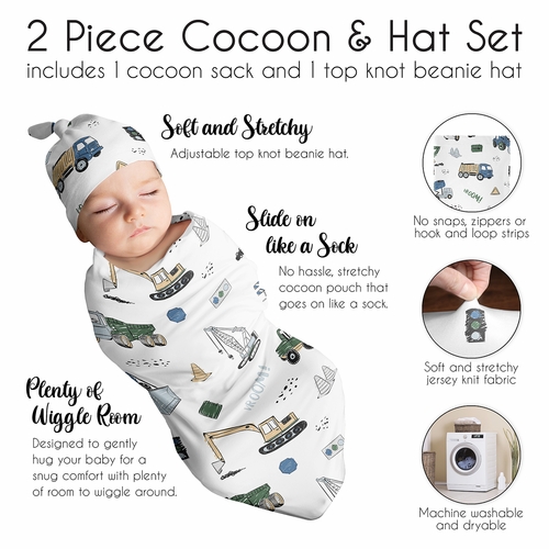 Construction Truck Green and Blue Collection Baby Cocoon and Beanie Hat - 2 Piece Set - alt image 5