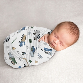 Construction Truck Green and Blue Collection Baby Swaddle Blanket