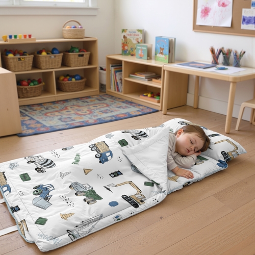 Construction Truck Green and Blue Collection Lightweight Toddler Nap Mat with Pillow - alt image 1