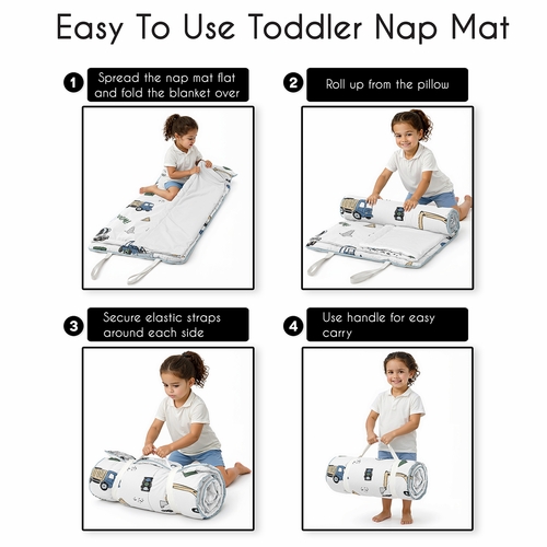 Construction Truck Green and Blue Collection Lightweight Toddler Nap Mat with Pillow - alt image 3