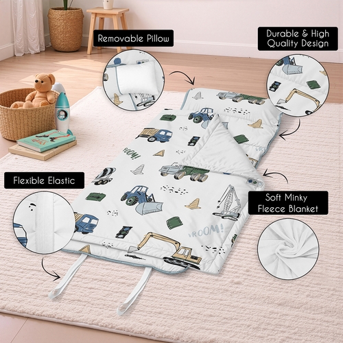 Construction Truck Green and Blue Collection Lightweight Toddler Nap Mat with Pillow - alt image 5