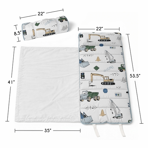 Construction Truck Green and Blue Collection Lightweight Toddler Nap Mat with Pillow - alt image 2