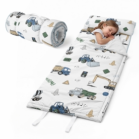 Construction Truck Green and Blue Collection Lightweight Toddler Nap Mat with Pillow