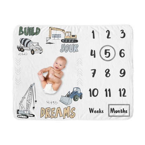 Construction Truck Green and Blue Collection Monthly Milestone Baby Blanket