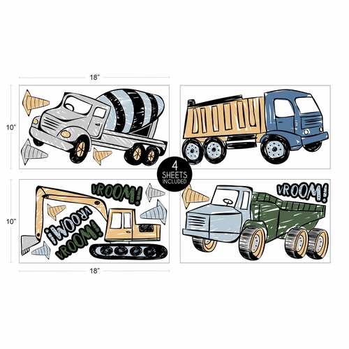 Construction Truck Green and Blue Collection Peel and Stick Wall Decal Stickers - Set of 4 Sheets - alt image 3