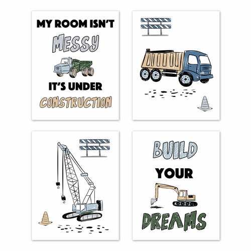 Construction Truck Green and Blue Collection Wall Art Prints - Set of 4