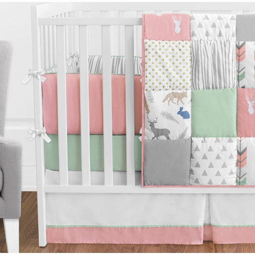 Coral, Mint and Grey Woodsy 9 Piece Crib Bedding Collection - alt image 2