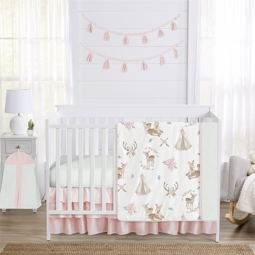 Deer Floral Collection 4 Piece Bumperless Crib Bedding