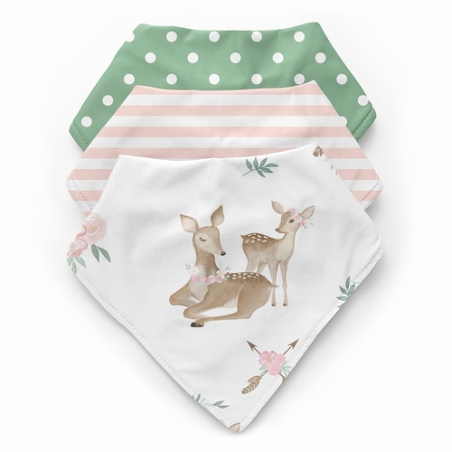 Deer Floral Collection Fabric Bandana Baby Bibs - 3 Pack Set
