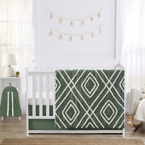 Diamond Tuft Dark Sage Green and Ivory Collection 4 Piece Crib Bedding