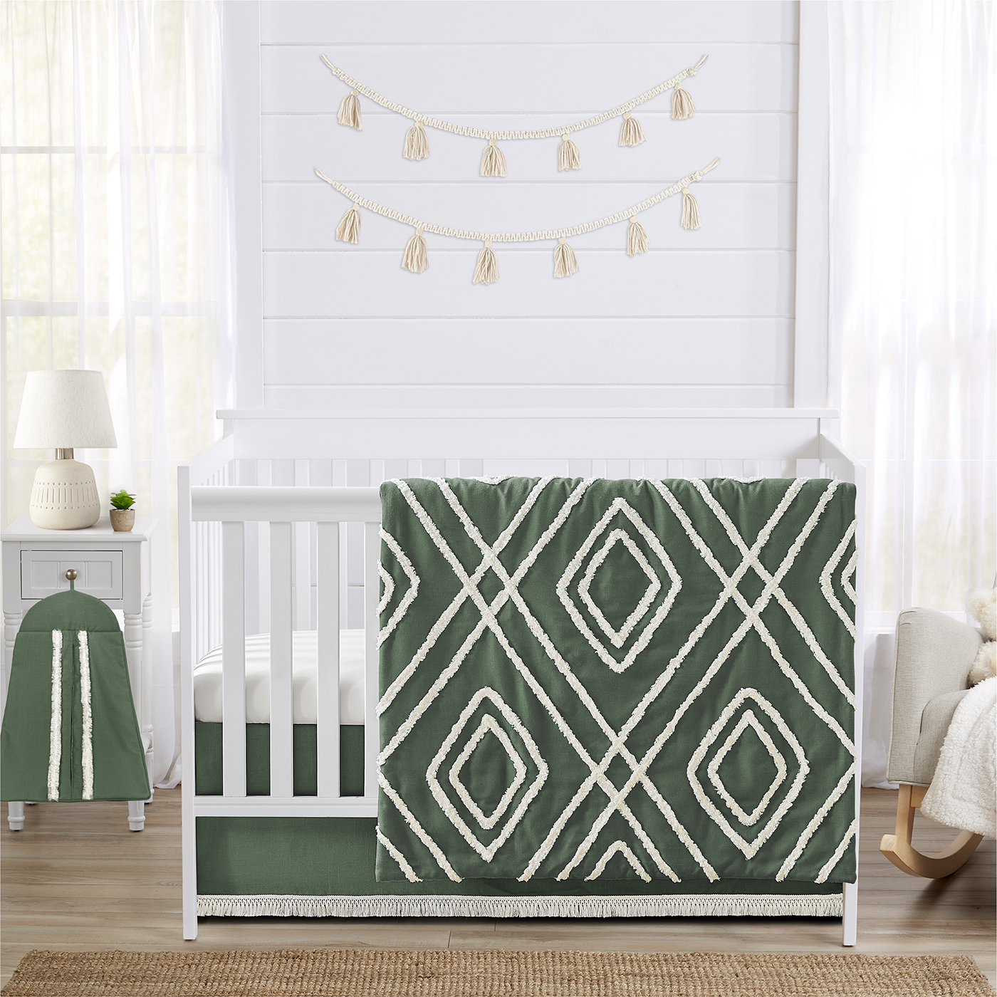 Diamond Tuft Dark Sage Green and Ivory Collection Crib Bed Skirt