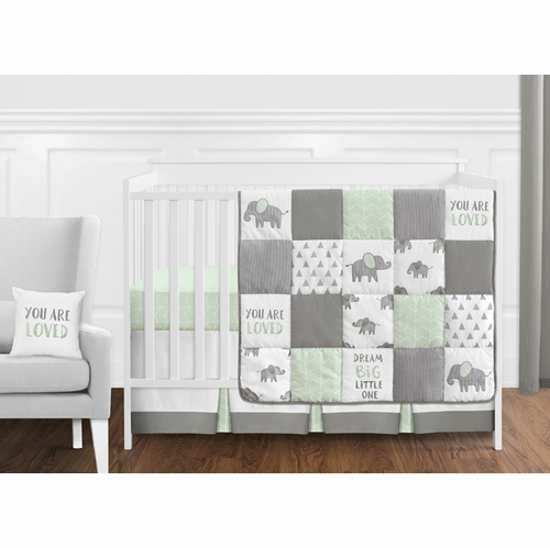 Elephant Grey and Mint Collection 11 Piece Bumperless Crib Bedding