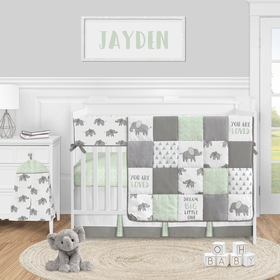 Elephant Grey and Mint Collection 5 Piece Crib Bedding