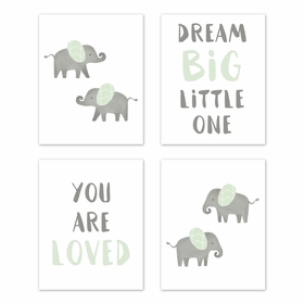 Elephant Grey and Mint Collection Wall Art Prints - Set of 4