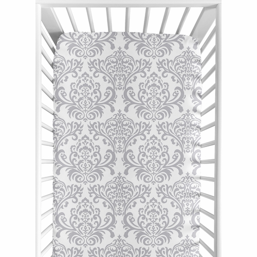 Elizabeth Pink and Gray Crib Sheet - Damask Print