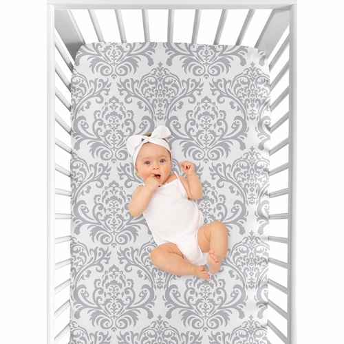 Elizabeth Pink and Gray Crib Sheet - Damask Print - alt image 3