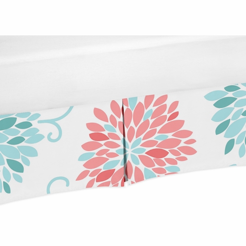 Emma Collection Turquoise and Coral Floral Print Crib Bed Skirt
